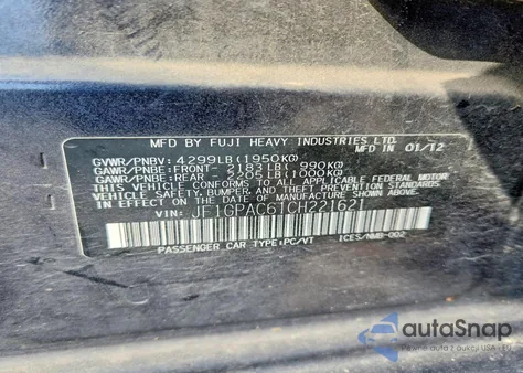 2012 Subaru Impreza Premium z USA, uszkodzony, nr VIN JF1GPAC61CH221621